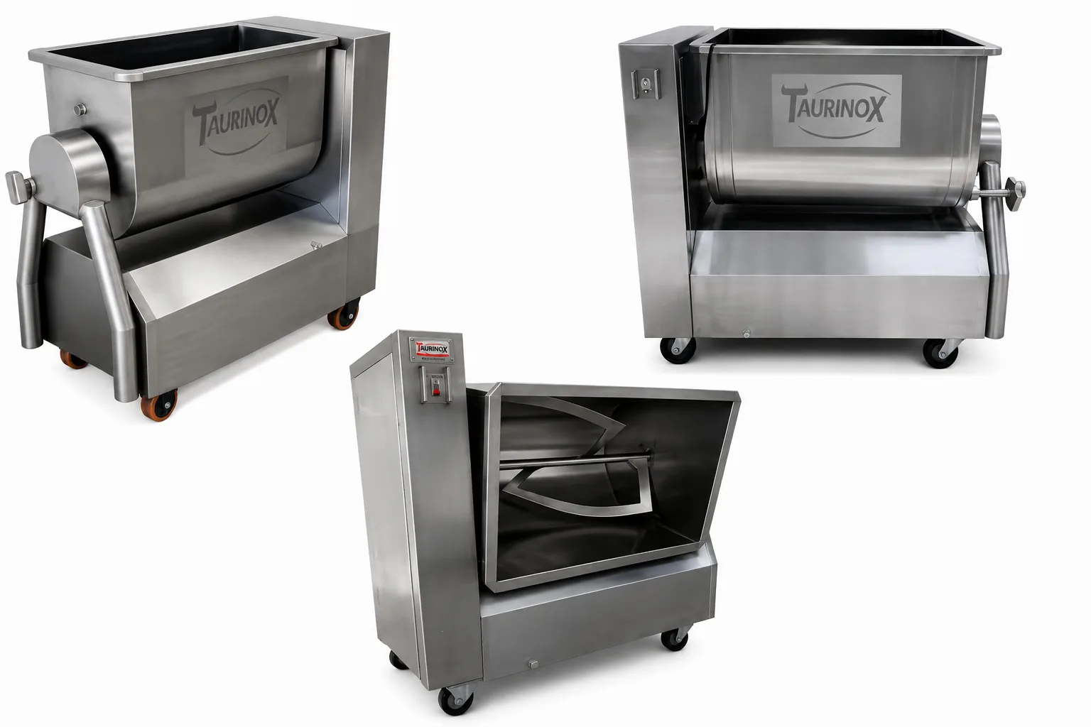 Mezcladora de carne TAURINOX en acero inoxidable, vistas frontal, lateral y de tolva